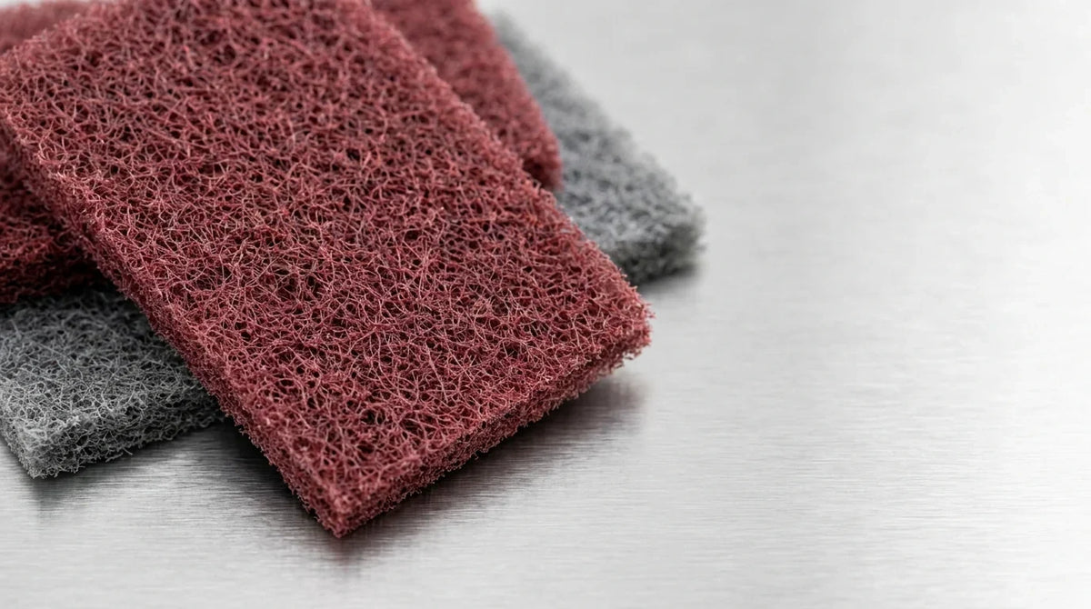 Schleifvlies-Handpads in Rot und Grau auf gebuerstetem Edelstahl – Ratgeber Was ist Schleifvlies
