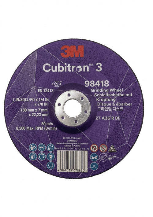 3M™ Cubitron™ 3 Schruppscheibe 180 x 7,0 x 22,23 mm – Maximale Schleifleistung für Metall – Produktansicht auf weißem Hintergrund