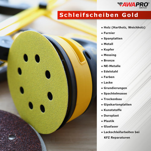 Professionelle AWAPRO Schleifscheiben für Exzenterschleifer, Rot, Gold, Grün