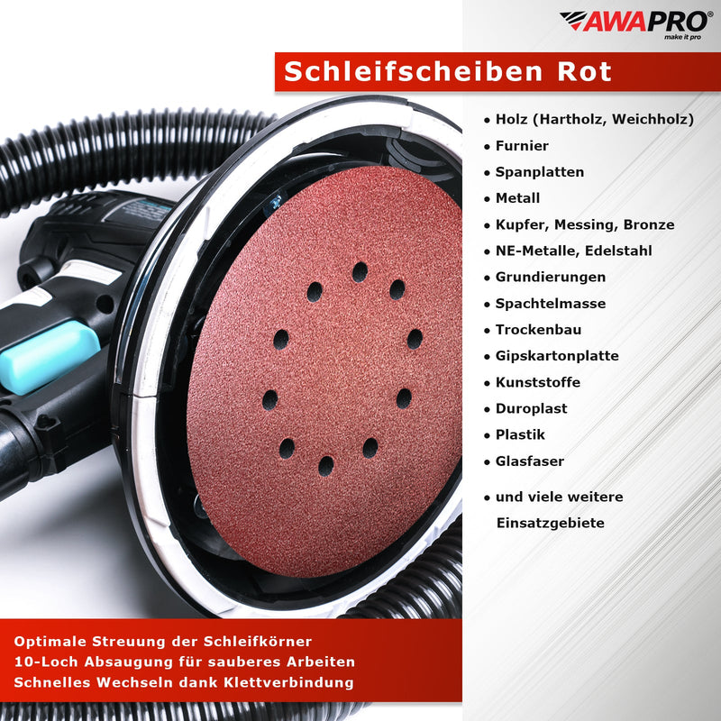 AWAPRO® Schleifscheiben mit Klett - 225mm - 10-Loch, Multilochung, Schleifgitter – Produktansicht auf weißem Hintergrund
