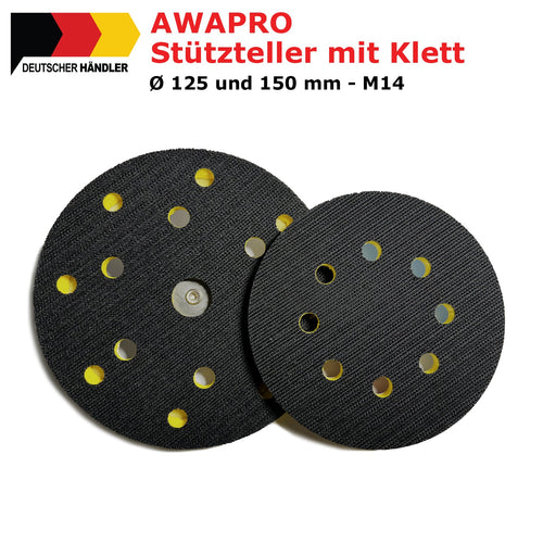 AWAPRO Stützteller 125/150mm mit Klett, M8 – Produktansicht auf weißem Hintergrund