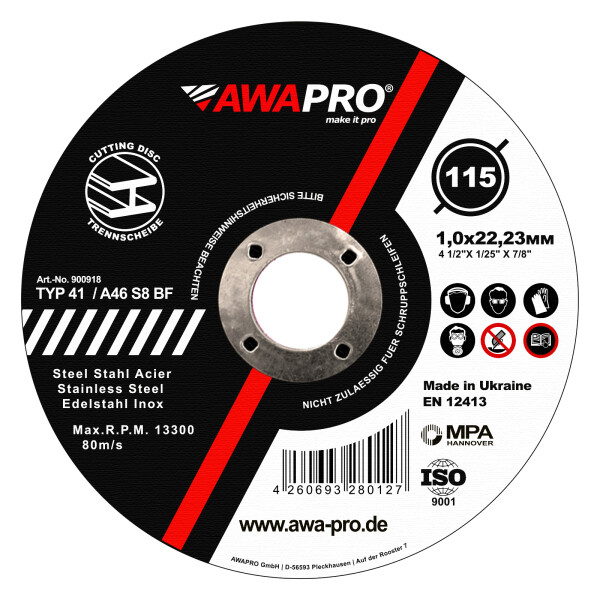 AWAPRO® Trennscheiben Metall Edelstahl Ø 115 x 1,0 x 22,23 mm - 100 Stück